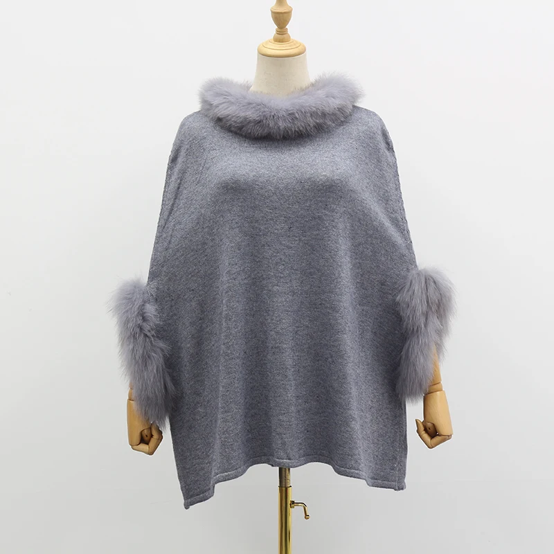 Autumn Women Knitted Poncho With Real Fox Fur Collar Cuff Fashion Casual Genuine Wool Warm Pullover Sweater Jumper Wholesale