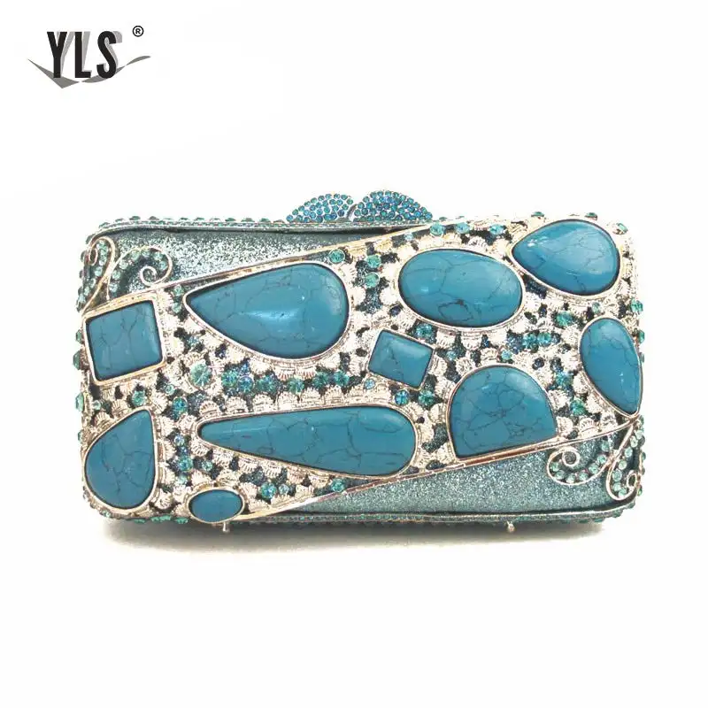 Brand Design Vintage Ladies Blue Gem Clutches Rhinestone Evening Party Purse Dinner Handbags Women Bride Wedding Bag