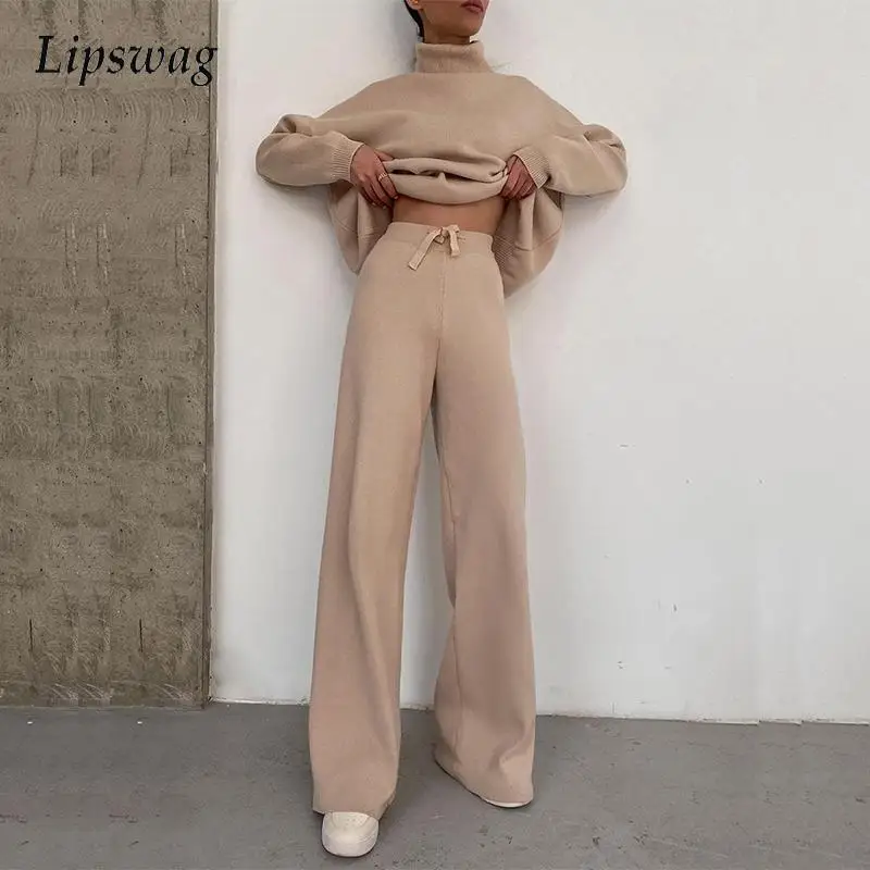 Elegant Fashion Fleece Outfit Women 2021 Autumn Winter Turtleneck Tops And Wide Leg Pants Suits Casual Solid Two Piece Set Femme