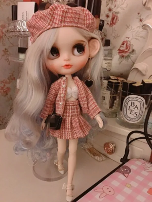 Blythes doll clothes pink strapless blouse + plaid skirt + pearl plaid coat suit pink plaid hat 1/6 size 30cm doll accessories