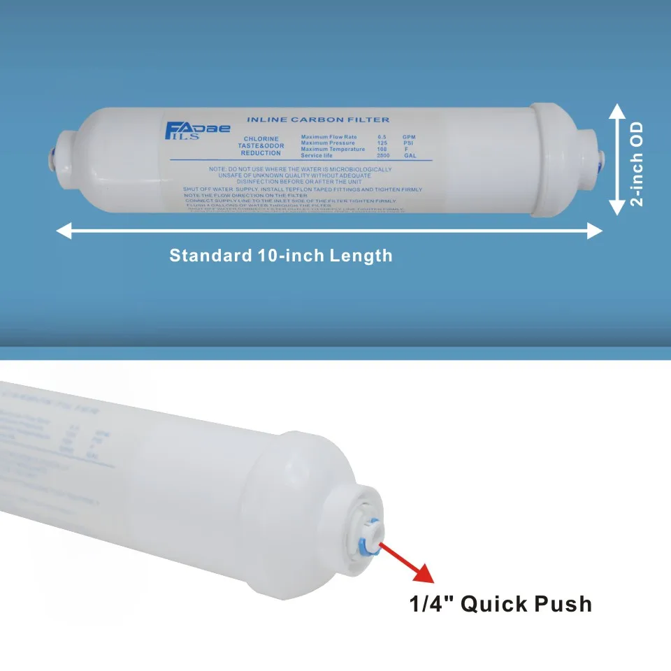 Kompatybilny zewnętrzny wbudowany filtr wody lodowej 2 "x10-Inch kokosowy filtr węglowy gac 1/4" Quick Push