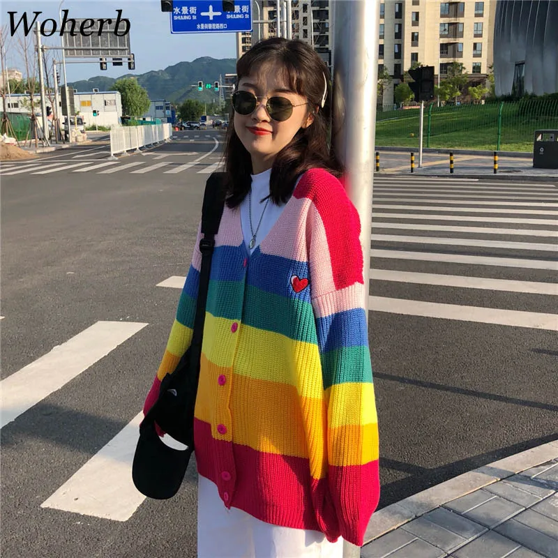 Woherb 2024 Autumn Harajuku Cardigan Women Striped Rainbow Sweater Coat Female Loose Sweaters Letter Embroidery Jumper Cardigans