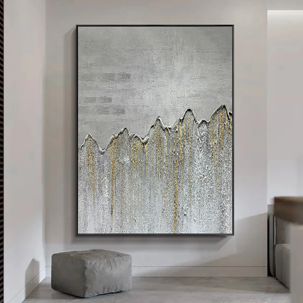 

Hand-Painted Abstract 3D Canvas Oil Painting, Modern Abstract Gray and Golden Wall Art, Living Room, Office, Decorative Painting