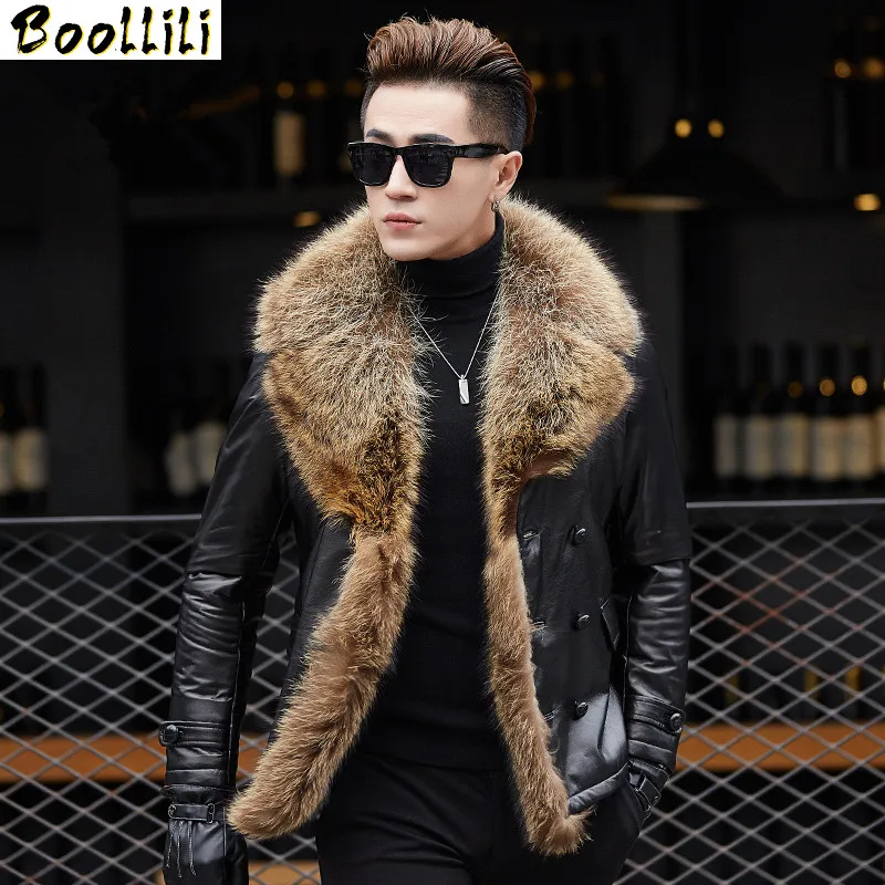 Winter Jacket Boollili Men Genuine Sheepskin Leather Jacket 90% Duck Down Jacket Real Raccoon Fur Collar Coat Mens Clothing