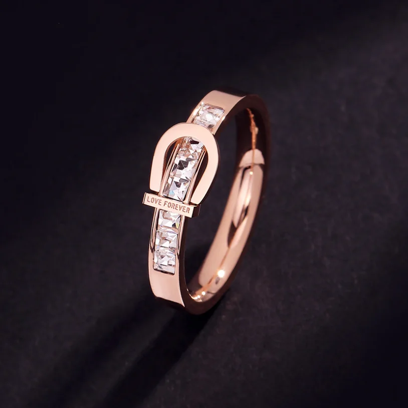 316L Stainless Steel New Fashion Upscale Jewelry Rose Gold Color Zircon Belt Buckle Shape Wedding Bride Rings For Women Ladies