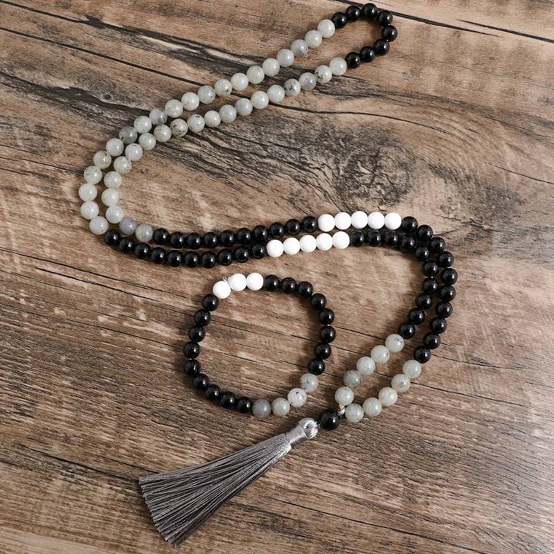 8mm Natural Labradorite Black Onyx Porcelain White Stone Mala Necklace Meditation Yoga Spirit 108 Japamala Jewelry Sets