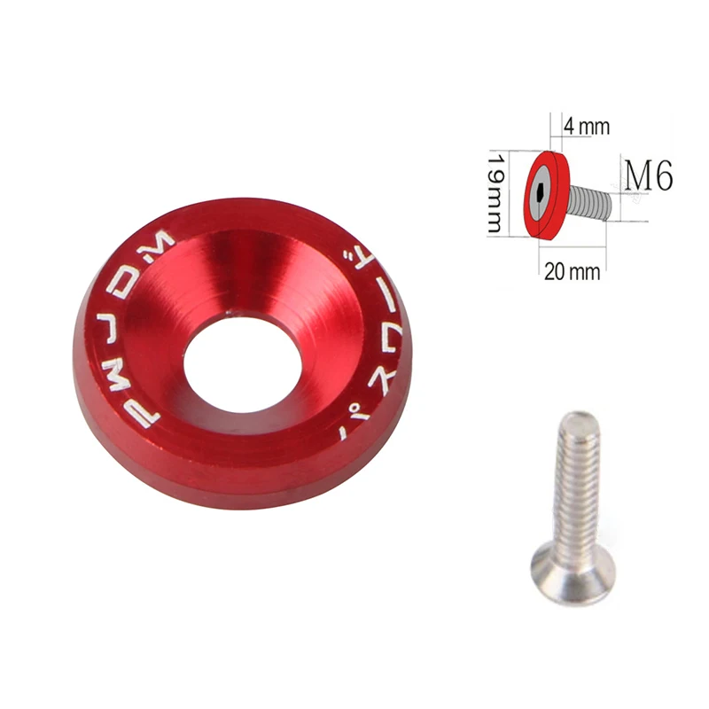 10pcs Red Aluminum JDM Fender Washers and M6 Bolt Car Modified Hex Fasteners Fender Washer Bumper Engine Concave Screws