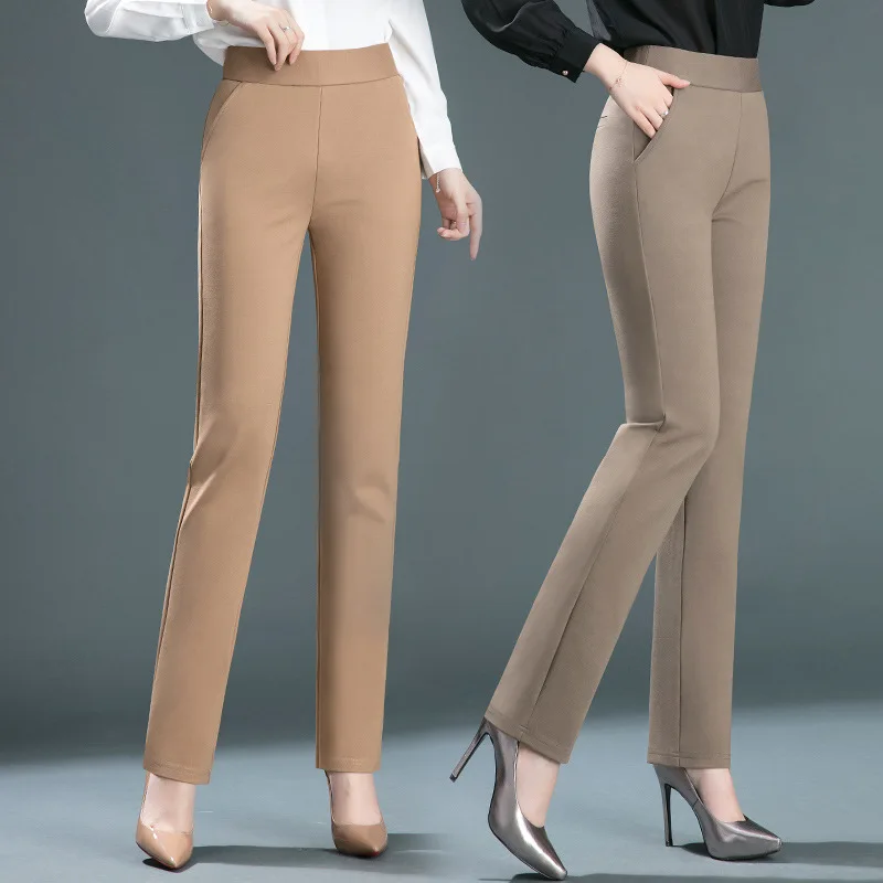 Women Spring Fashion Korean Style Luxury Elastic Waist Solid Color Cotton Pants Office Lady Loose Casual Straight Trousers 130KG