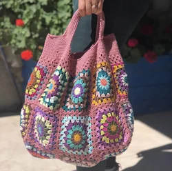 Plum Color Crochet Woven Handbags Boho Granny Square Bag Ethnic Style Cute Colorful Purse For Women