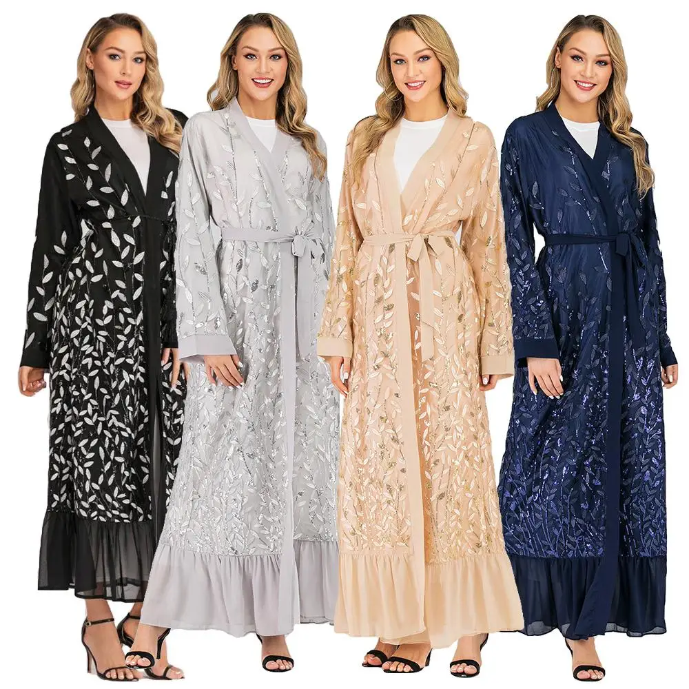 Dubai Lace Abaya Open Kaftan Embroidery Long Cardigan Dress Muslim Women Robe Robe Gown Draped Design Patchwork Arab Islamic