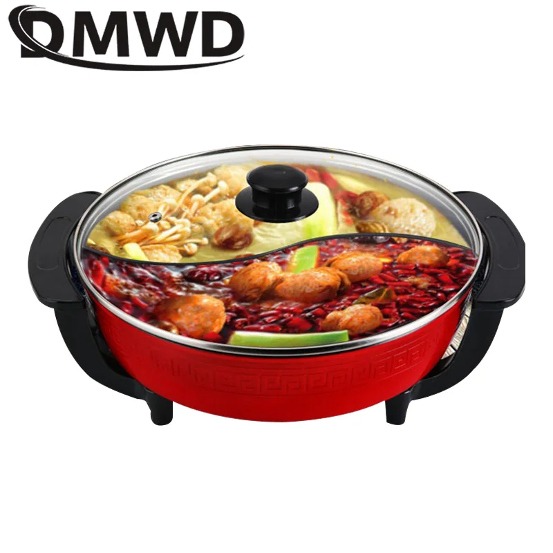 

DMWD Electric Hot Pot Double Soup Pots Non Stick Smokeless Home Kitchen Cookware Twin Divided Shabu Pot Electric Cooker 5L