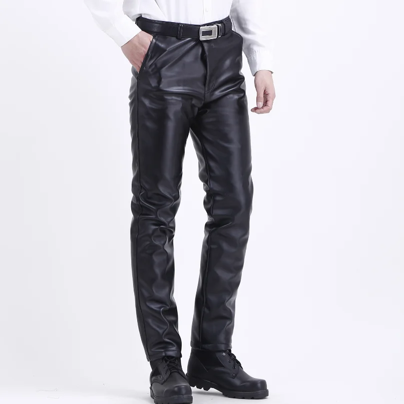 Men's PU Leather Straight Pants Winter Warm Elastic Lightweight Casual Trousers Male Regular Full Length Pants