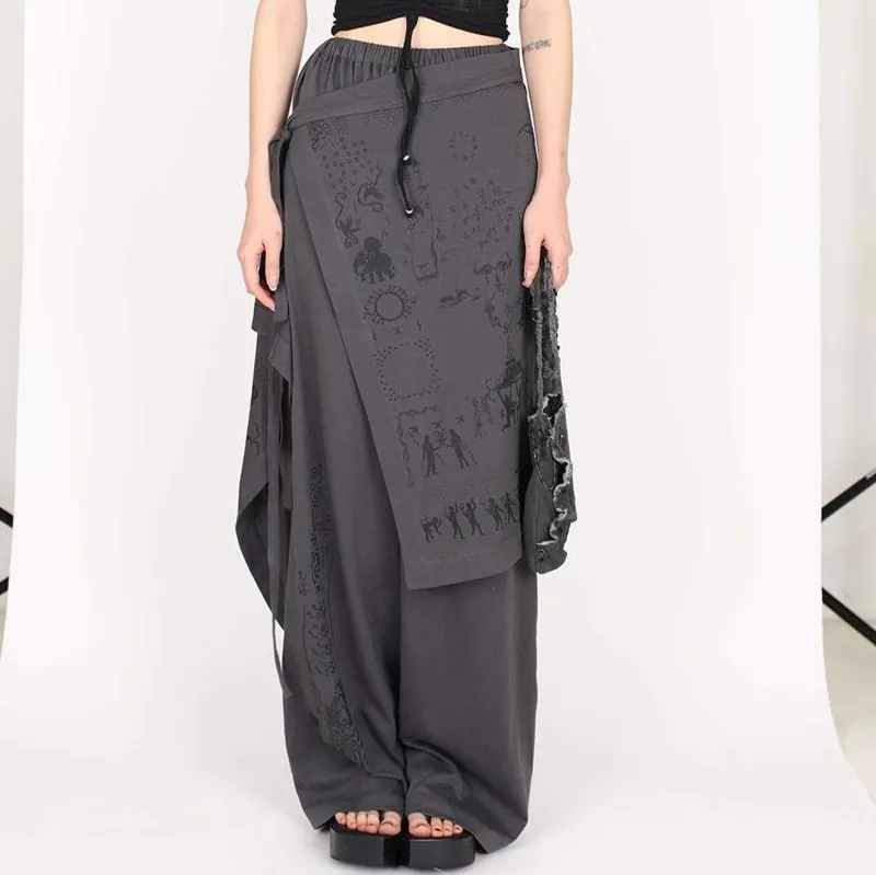 

Japanese Harajuku Fake Two-piece Irregular Trousers Women Pant Skirt Women's Elastic Waist Sashes Wide Leg Pants Casual Pant