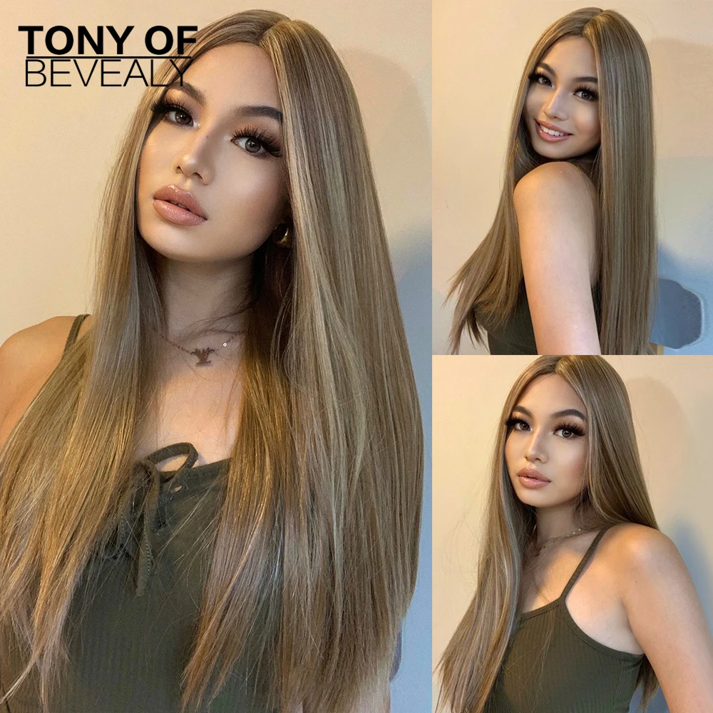 Highlight Blonde Lace Front Synthetic Wig T Part Lace Wig for Women Natural Wig Long Straight Glueless Transparent Lace Wig