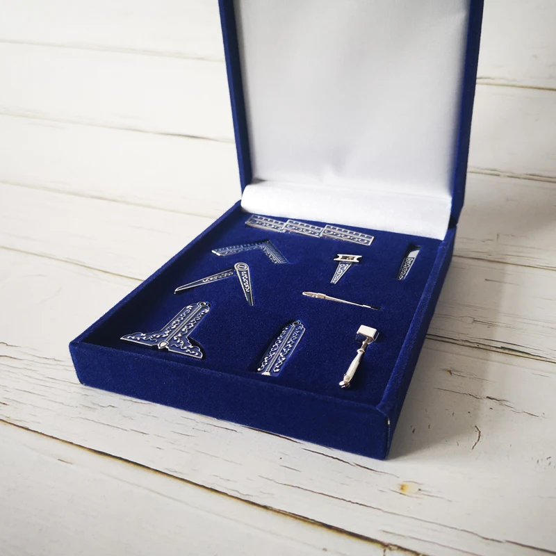 Set of 9 different velvet blue box Masonic Working Tools Badge Mason Freemason Miniature Freemason Gifts