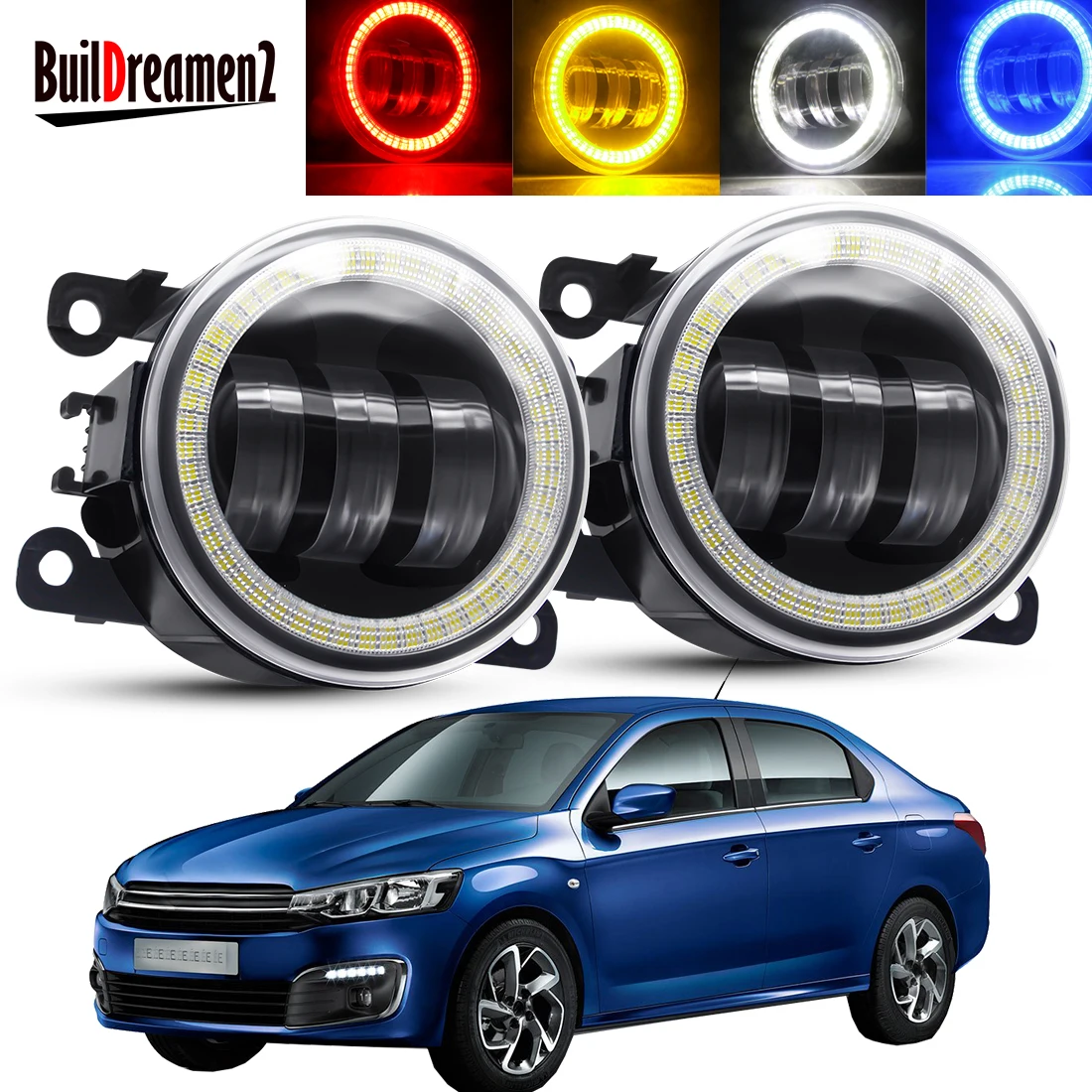 2 X Car Front Bumper Angel Eye Fog Light Assembly For Citroen C-Elysee 2012-2018 LED Lens Fog Daytime Running Lamp DRL 30W 12V