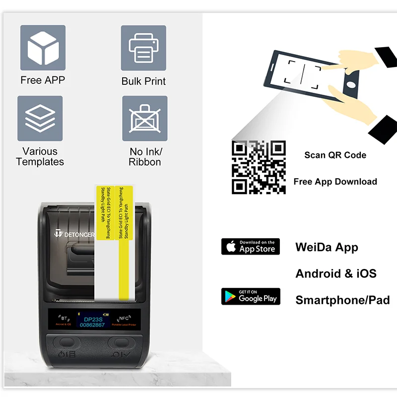 DETONGER DP23S 2 inch Thermal Printer Bluetooth Barcode Label Maker Plus 5 Rolls Blank White Label