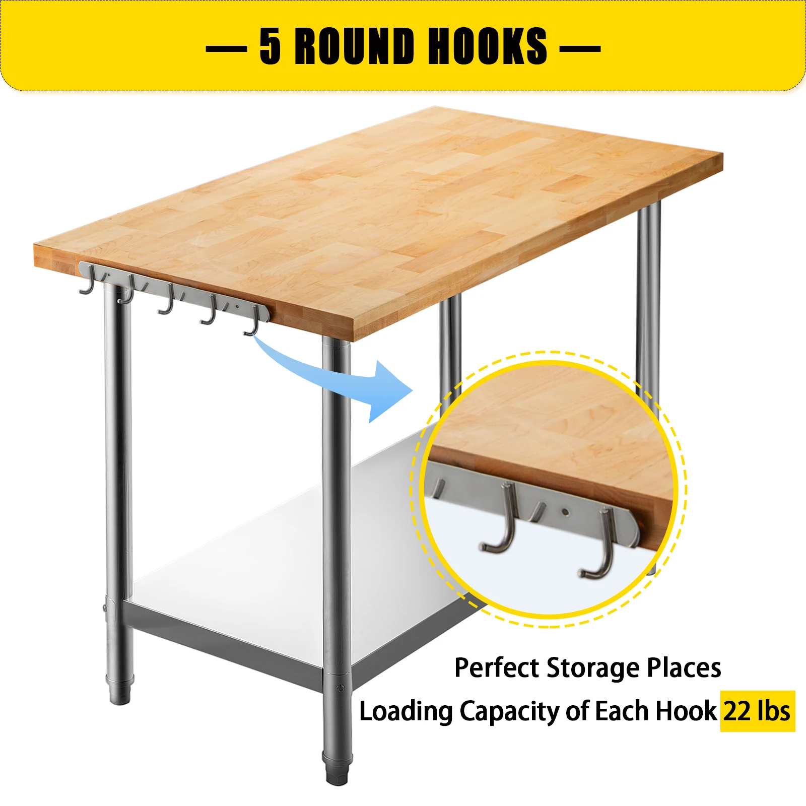 VEVOR Work Table With Shelf & Hooks Stainless Steel Maple Wood Load Capacity 937LBS/425KG for Storing Object, Chopping Vegetable