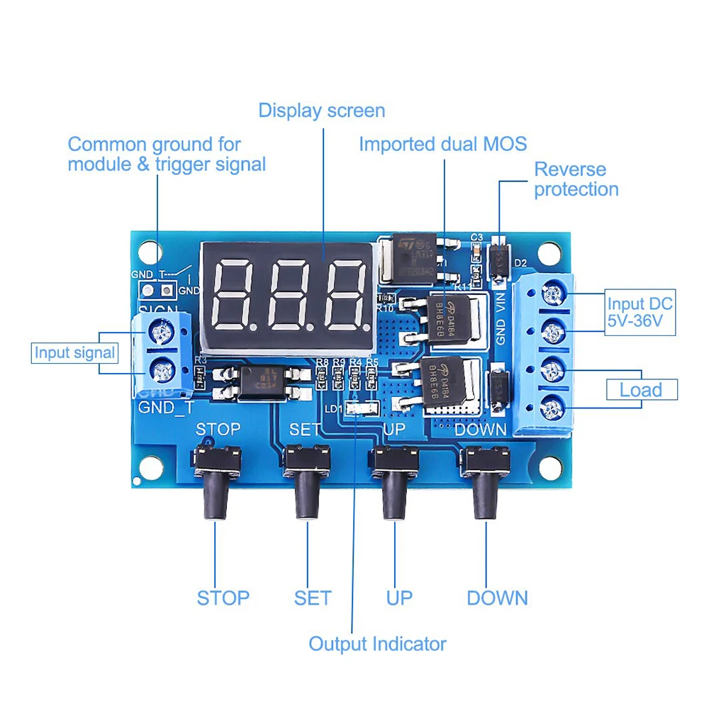 DC 5V-36V 12V 24V Dual MOS LED Digital Time Delay Relay Trigger Cycle Timer Delay Switch Circuit Board Timing Control With Case