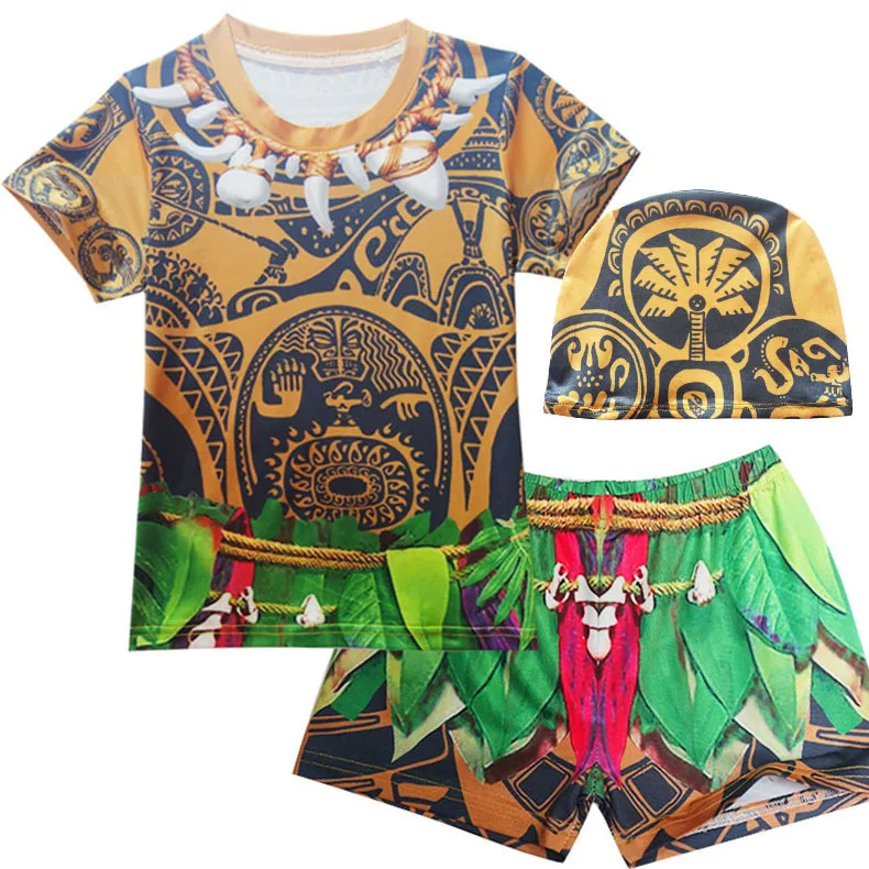 2020 Child Ocean Boy Kids Swimming Suit Short Sleeve Moana Cosplay Maui Shirt Shorts Pants Bathing Cap Costume Swimwear Swimsuit