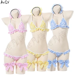 AniLV Pool Party Girl Lolita Plaid Bikini Swimsuit Set Underwear Costume Anime Maid Swimwear Uniform Lingerie Cosplay Clothes