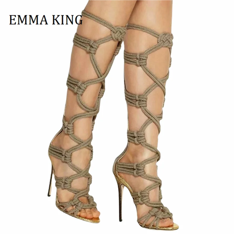 2021 Summer Women Gladiator Rope Sandals Boots Sexy Open Toe Cross-tied Knee High Boots Femme High Heel Sandals Boots Woman