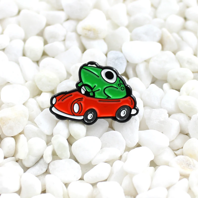 Frog Driving Red Gas Car Enamel Brooch Cartoon Animal Cute Badge Denim T-shirt Backpack Personality Pin Send Children Gifts