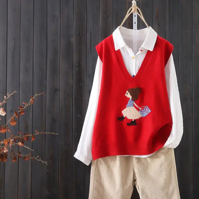 Loose V-neck Knitted Sweater Vest Female Cartoon Embroidery Pattern Sleeveless Simple Commuter Fashion Sweater Vest Women Spring