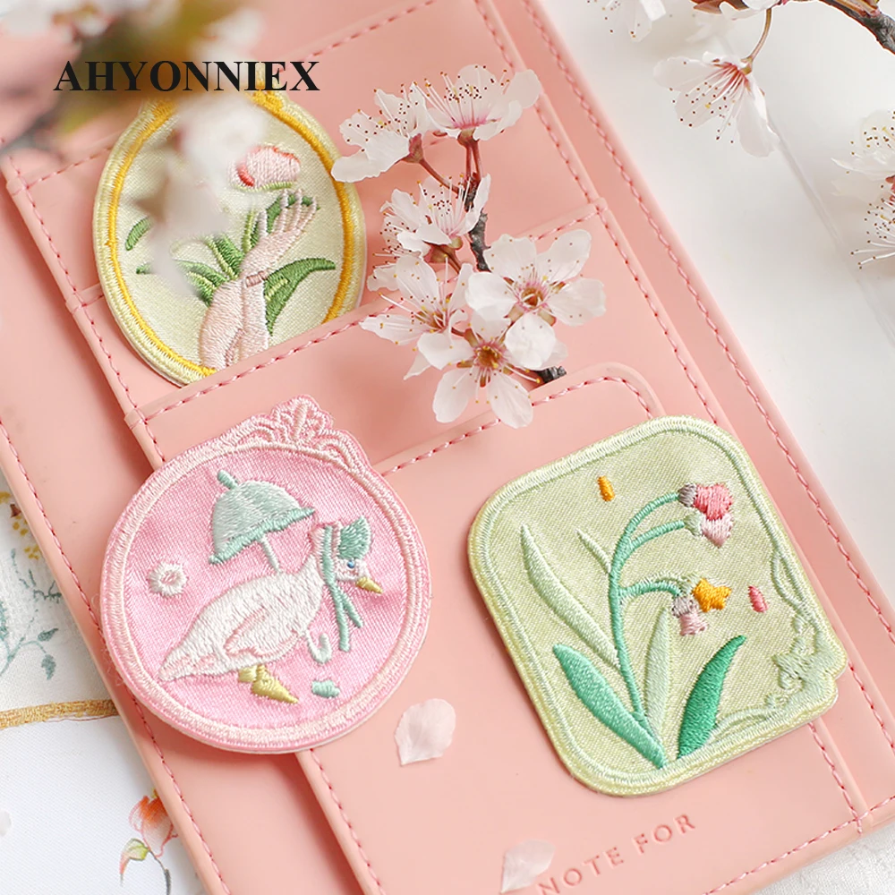 AHYONNIEX Cute Duck Boat Flower Embroidery Patches for Bag Jeans Bell Orchid Iron On Patches for Clothes Small DIY Patches