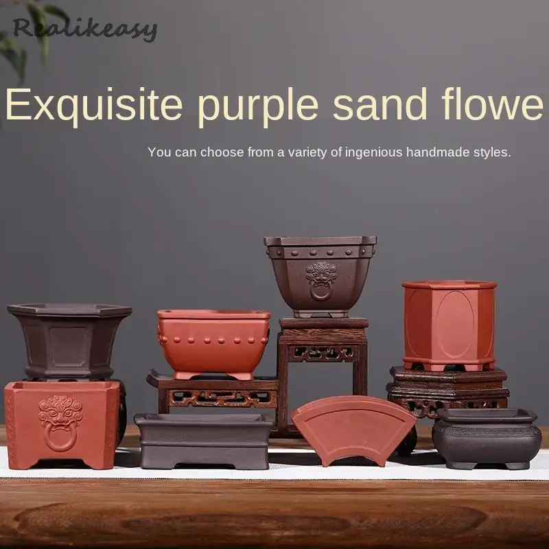 Chinese Style Purple Clay Stoneware Succulent Plant Pots Home Simple Handmade Solid Color Small Flower Pots Office Decor LB929