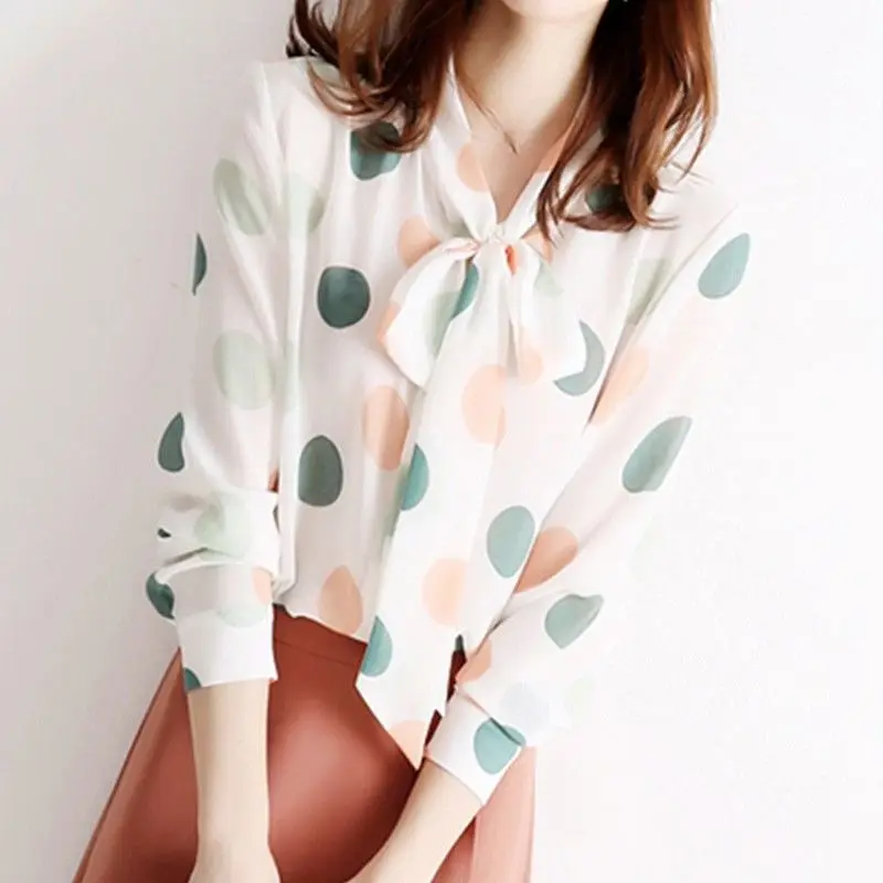 Long Sleeve Shirts Women Bow Collar Polka Dot Korean Style Trendy Popular Chiffon Ulzzang Elegant Tender Autumn Leisure Female