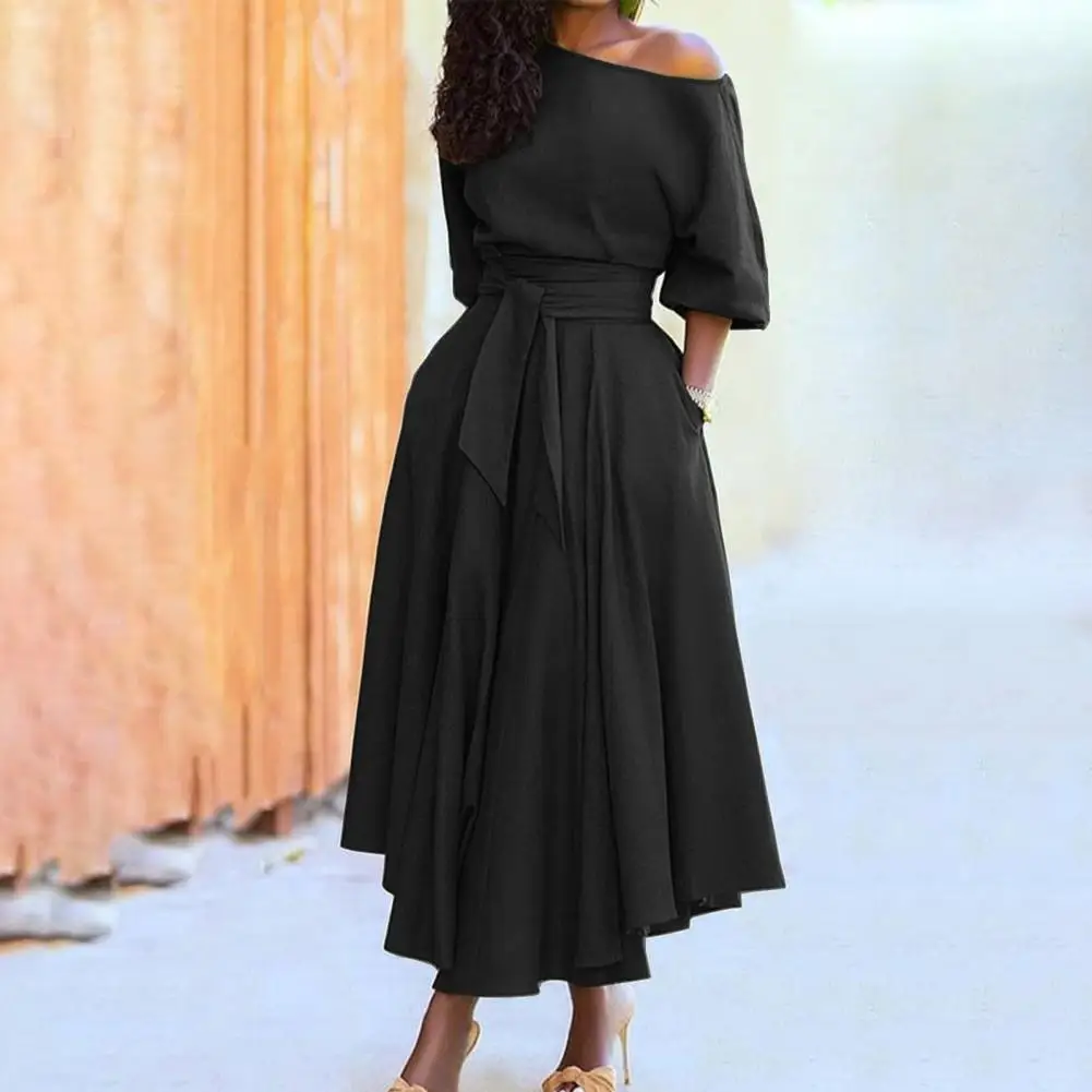 Office Women Dress Oblique Shoulder Comfortable Lace-up Solid Color Tie Waist Belt Ruffled Strapless Elegant Formal Dress Work