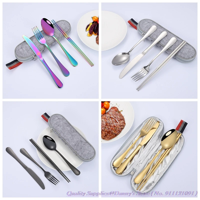 Quality Stainless Steel 4pcs Tableware Set Spoon Fork Chopsticks Travel Portable Outdoor Western Kitchen Dinnerware Golden Color