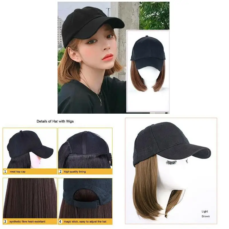 Baseball Hat with Short Hair Wigs Bob Hair Synthetic Hat for Women Summer Short Straight Hair Heat Resistant Fiber 2023 New