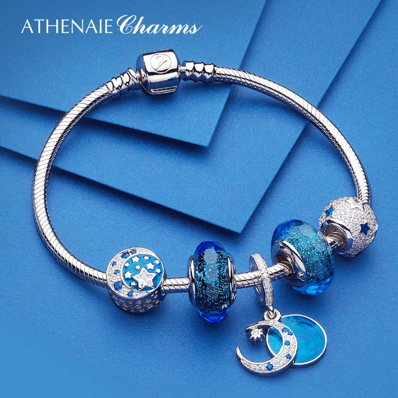 Athenaie-pulseira de prata esterlina 925 brilhante, esmalte azul midnight, pingente pendurado, céu noturno, vintage, contas, ajuste de natal