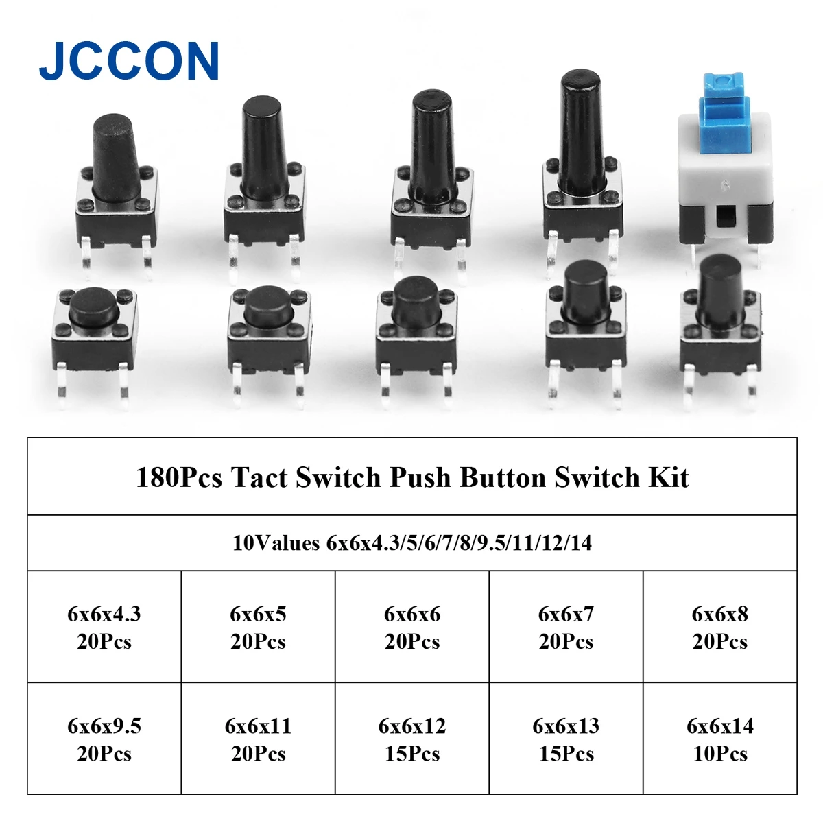 180Pcs 10Values 6x6x4.3/5/6/7/8/9.5/ Tact Switch Push Button Switch Assorted Kit 12V Copper 4PIN DIP Micro Switch For TV/Toys