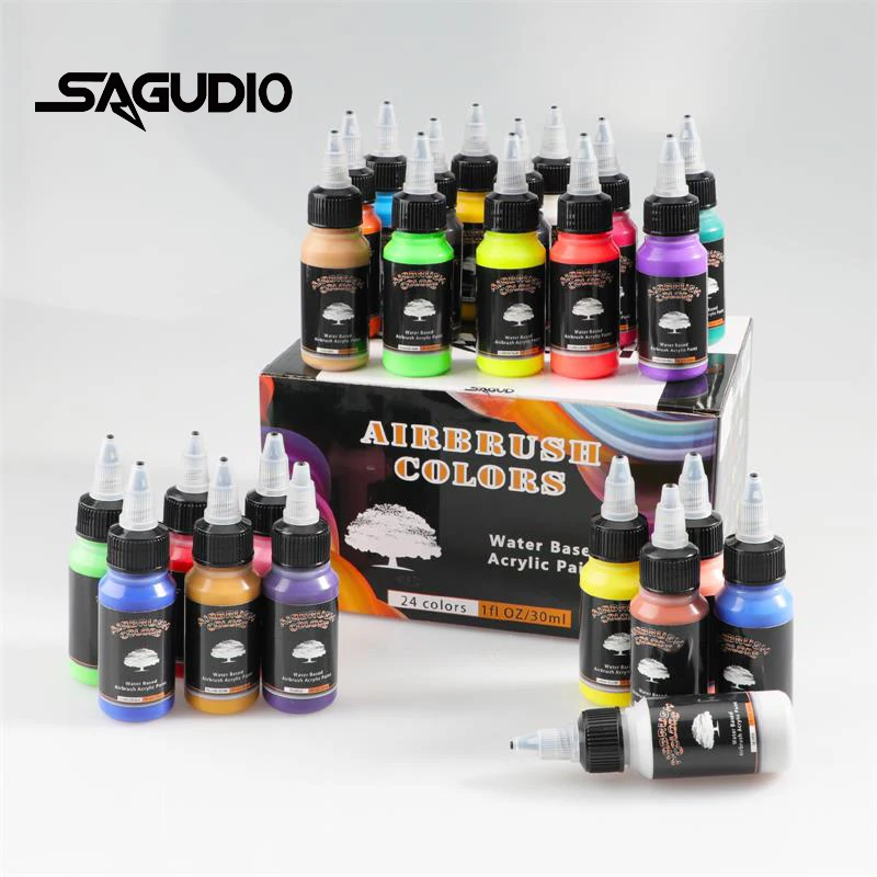 Airbrush Acrylic Paint 24x30ML/Bottle Sets for Wall & Car Model Coloring DIY Shoes Fluorescent Inks and Nails Art Pigments