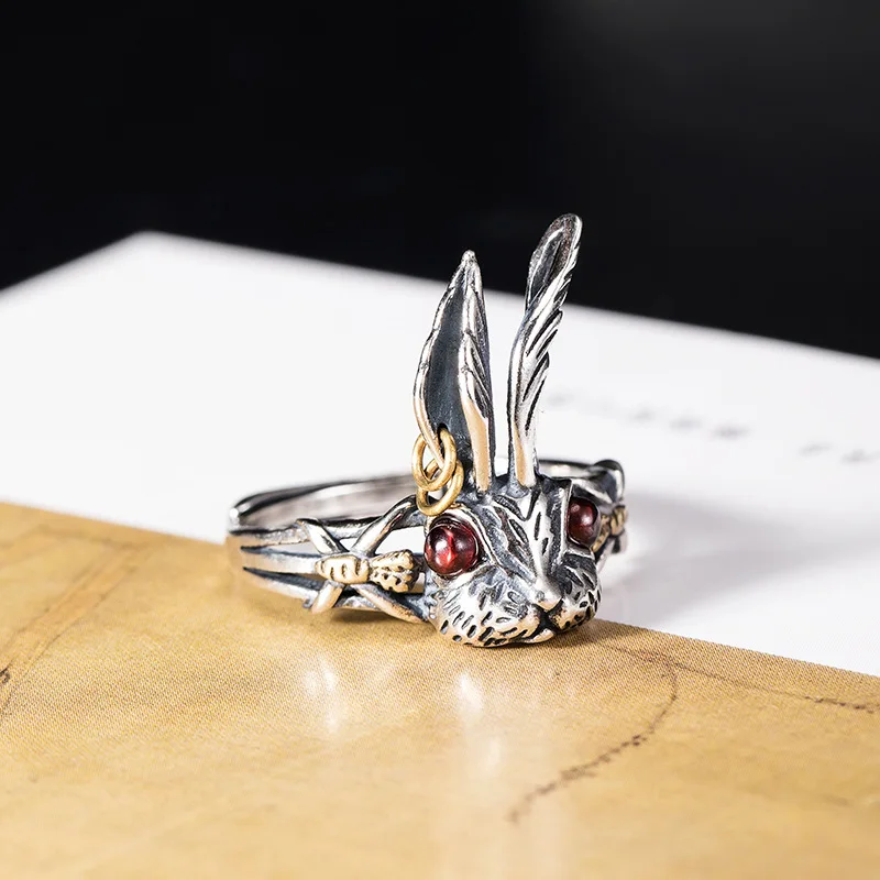 925 Sterling Silver Thai Silver Rabbit Rings Zodiac For Women Adjustable Jewelry Gift Female Animal Trend Punk