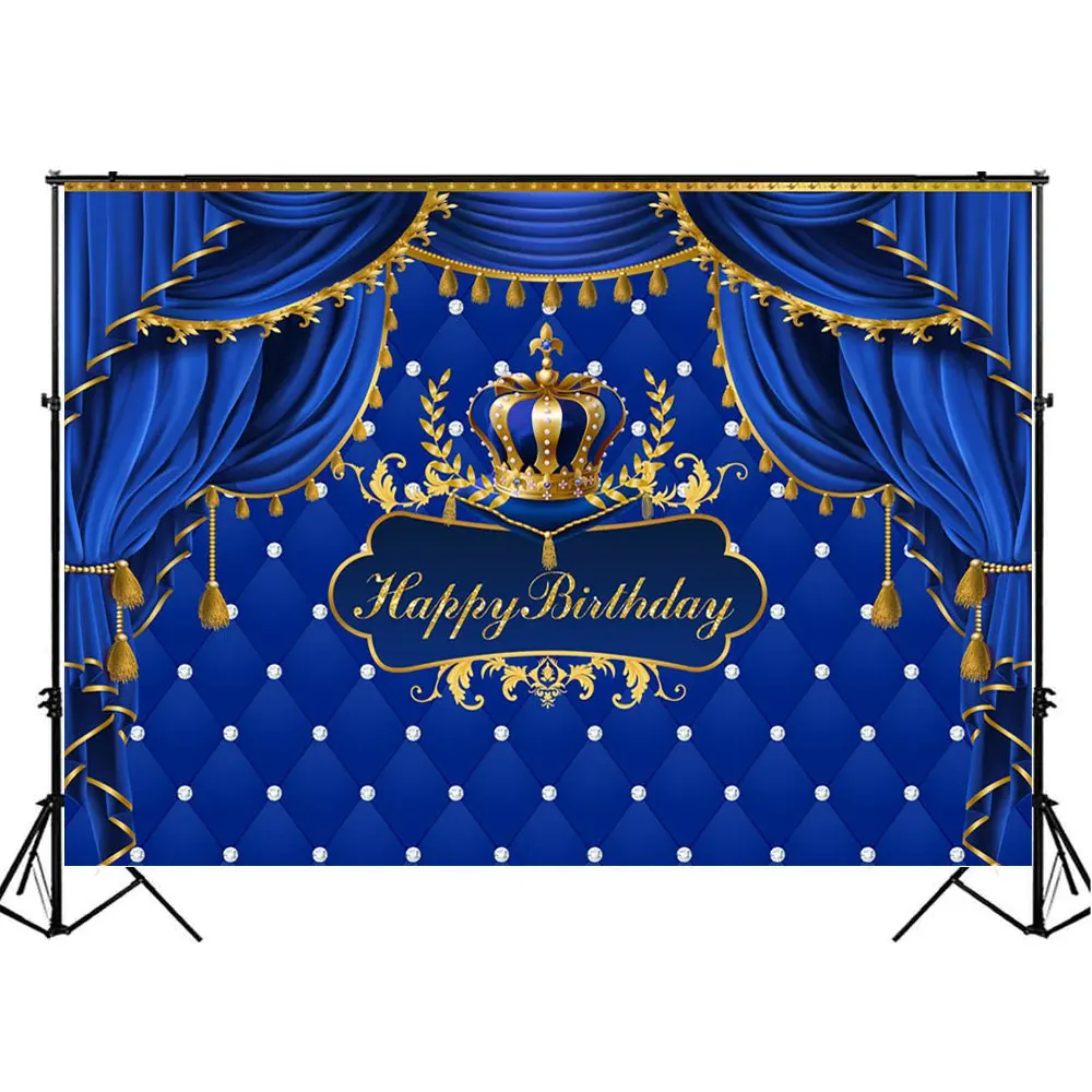 

Mocsicka Royal Prince Birthday Backdrop Decoration Photocall Blue Curtain Crown Boy Birthday Baby Shower Background Photography