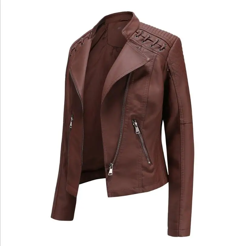 New 2020 Autumn and winter Turn-down Collar PU faux leather jackets women luxury jacket black pink red biker coat