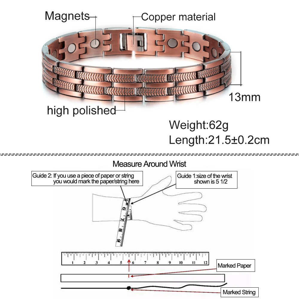 Vinterly Magnetic Pure Copper Bracelet Men Wheat Leaf 13mm Wrist Band Magnet Arthritis Pain Relief Male Energy Jewelry Male