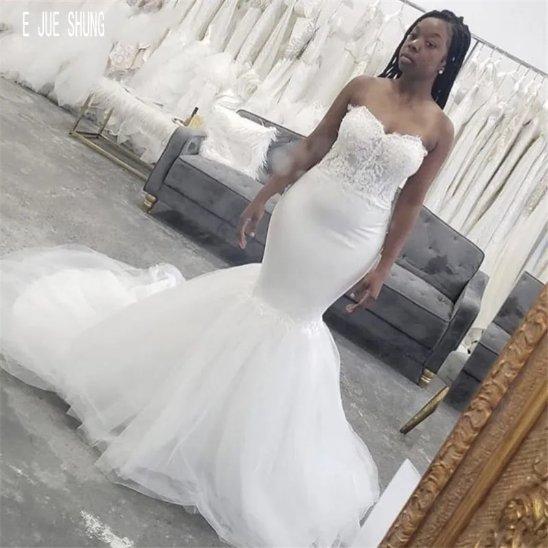 E JUE SHUNG vestidos de novia de sirena Africana Sweetheart con aplicaciones encaje con cuentas 2020 con cordones en la espalda vestidos de novia para mujeres