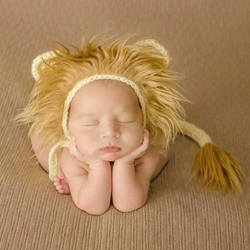 2 Pcs Baby Props Lion Hat Tail Set Newborn Photography Costumes Knitted Outfits