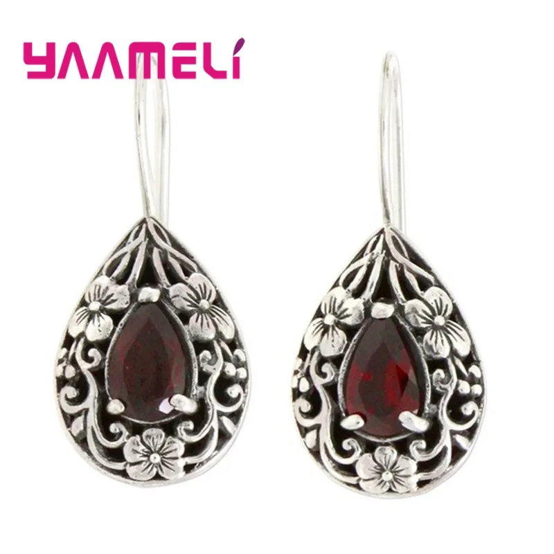 Retro Palace Royal Style Waterdrop Earring for Women Antique 925 Sterling Silver Red Zircon Flower Carving Pendientes