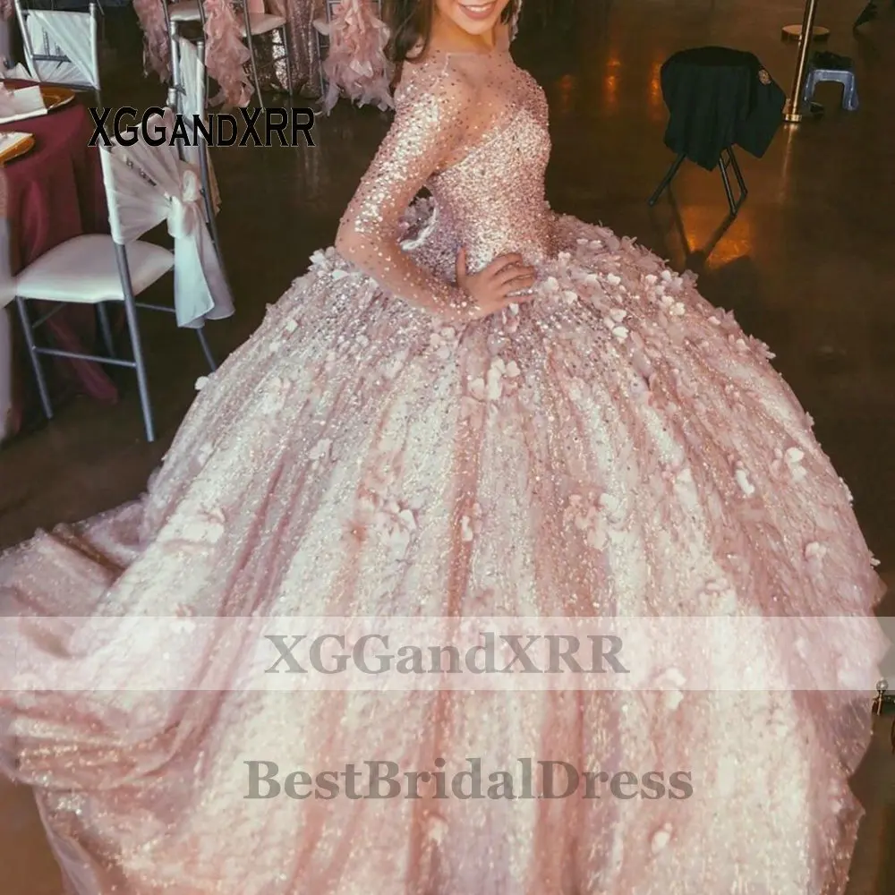 Vestido de noite quinceanera com mangas compridas, vestido de baile XV 3D flores, ouro rosa brilhante, Luxo, 15, 2024