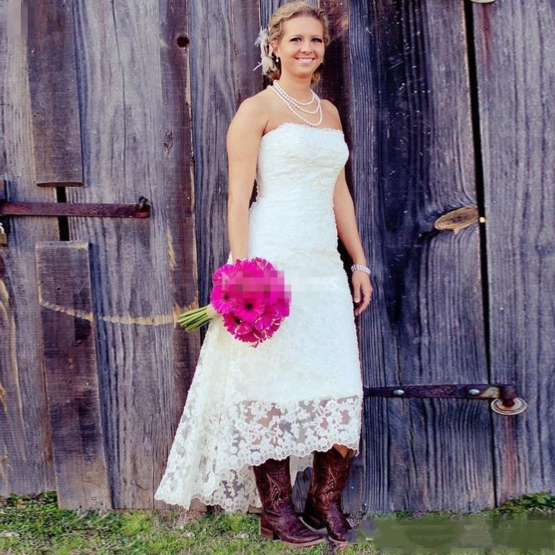 Robe de Mariée Rustique en Dentelle, Tenue de Campagne Haute et Basse, Ligne A, Courte, Sans Bretelles, Grande Taille, pour Patients de Jardin, Printemps et Été