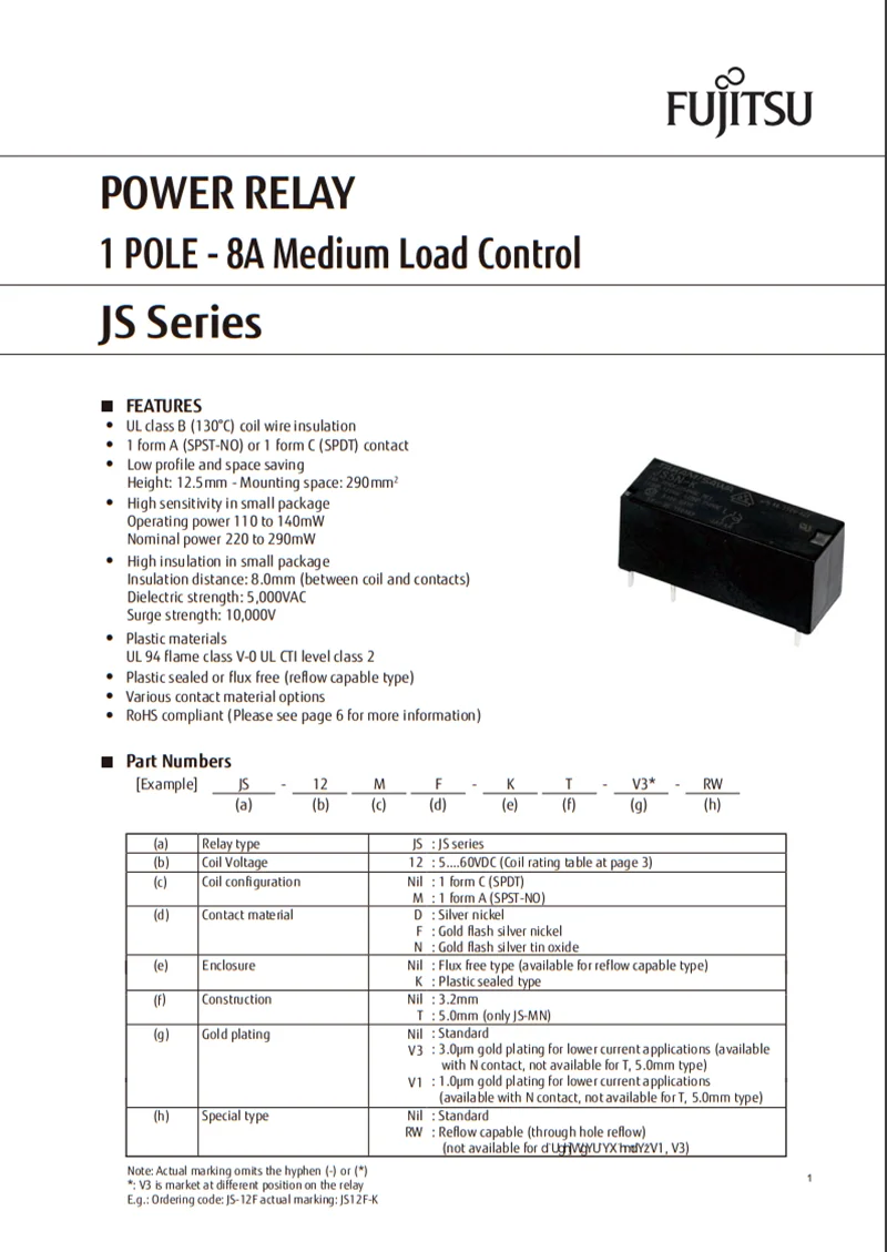 5 Teile/los 100% Original Neue TAKAMISAWA JS5N-K 5VDC JS12-K 12VDC JS24N-K 24VDC DIP-5 8A Power Relais – Detail 1