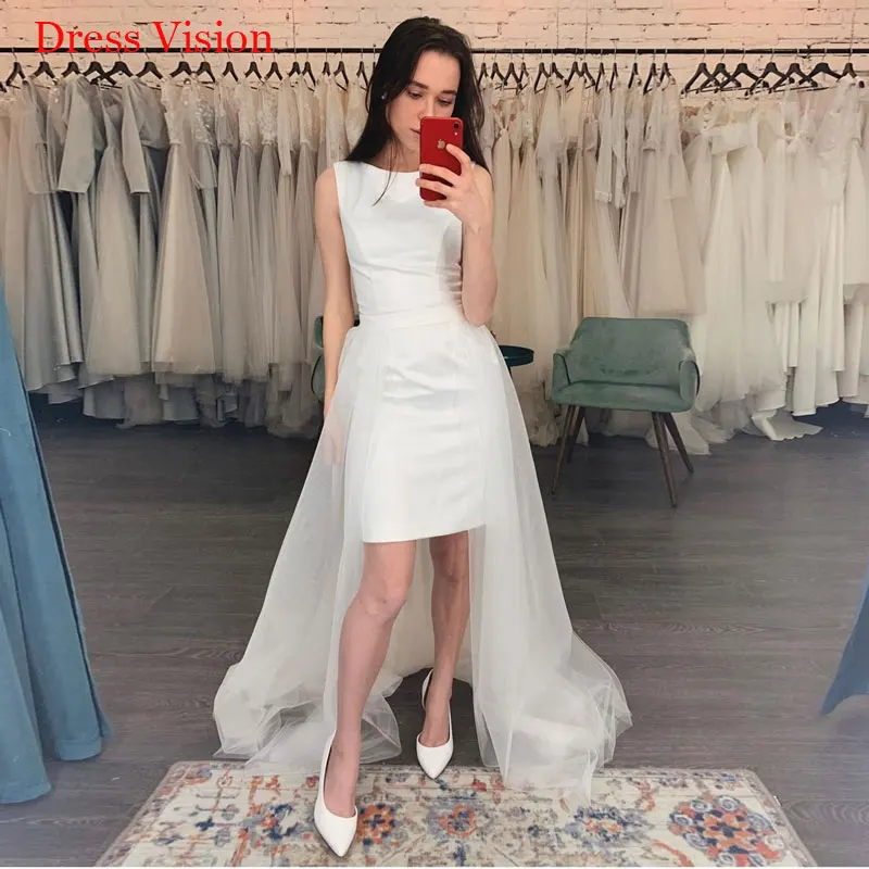 Đơn Giản Satin Ngắn Váy Áo Cổ Tròn Свадебное Платье Áo Dây De Soirée De Mariage Đầm Vestido De Noiva Cô Dâu Bầu