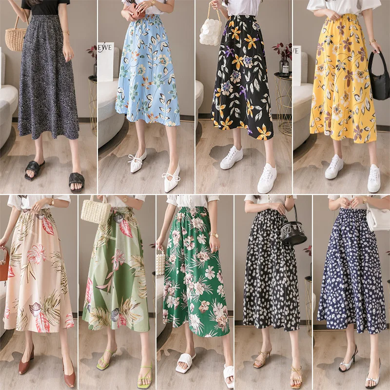 

French Style Women Skirts High-Waisted Floral Chiffon Elegant Chic Print Patchwork Jupe Office Lady Pleated with Hip Wrap