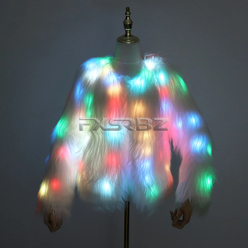 New LED Coat Women Faux Fur Light Up Costumes Christmas Jacket Shiny Overcoat Winter Warm Party Club Outwear